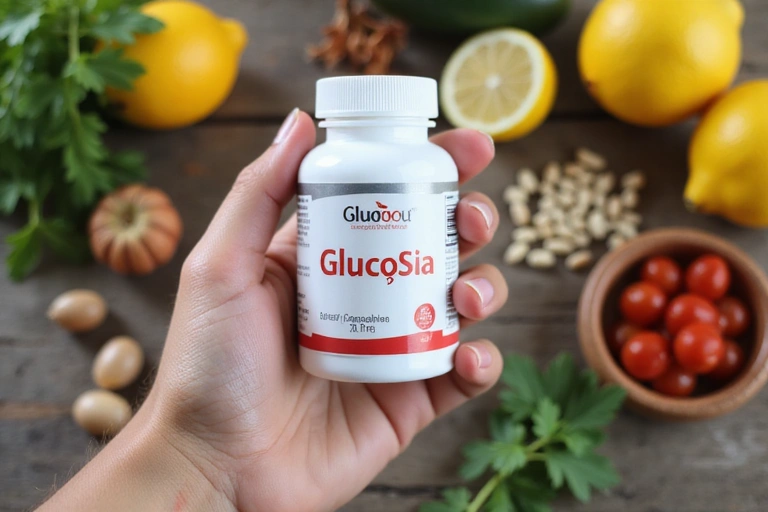 A hand holding a Glucosila supplement bottle, with a blurred background of natural ingredients like herbs and fruits, symbolizing wellness and health.