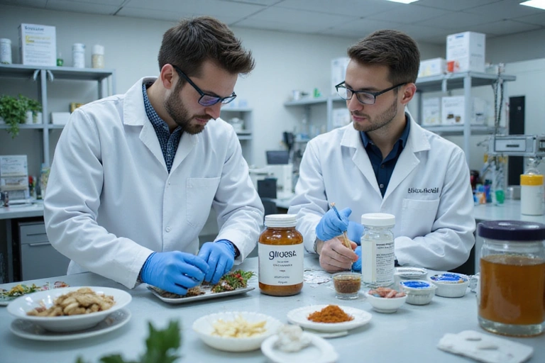 Laboratory research and development of Glucosila supplements, showing scientists in white coats working with natural ingredients and advanced equipment.